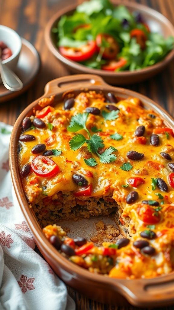 A hearty vegan casserole with quinoa, black beans, corn, and vegetables, garnished with cilantro, served in a rustic dish.